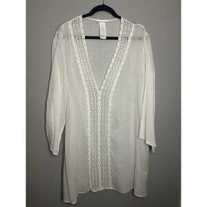 La Blanca Swimsuit Coverup Size XL Cotton Tunic V-Neck Lace Trim Packable Travel